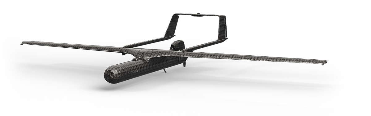 Image: Sleek, streamlined carbon drone with long wings, slim fuselage, and striking U-shaped tail.